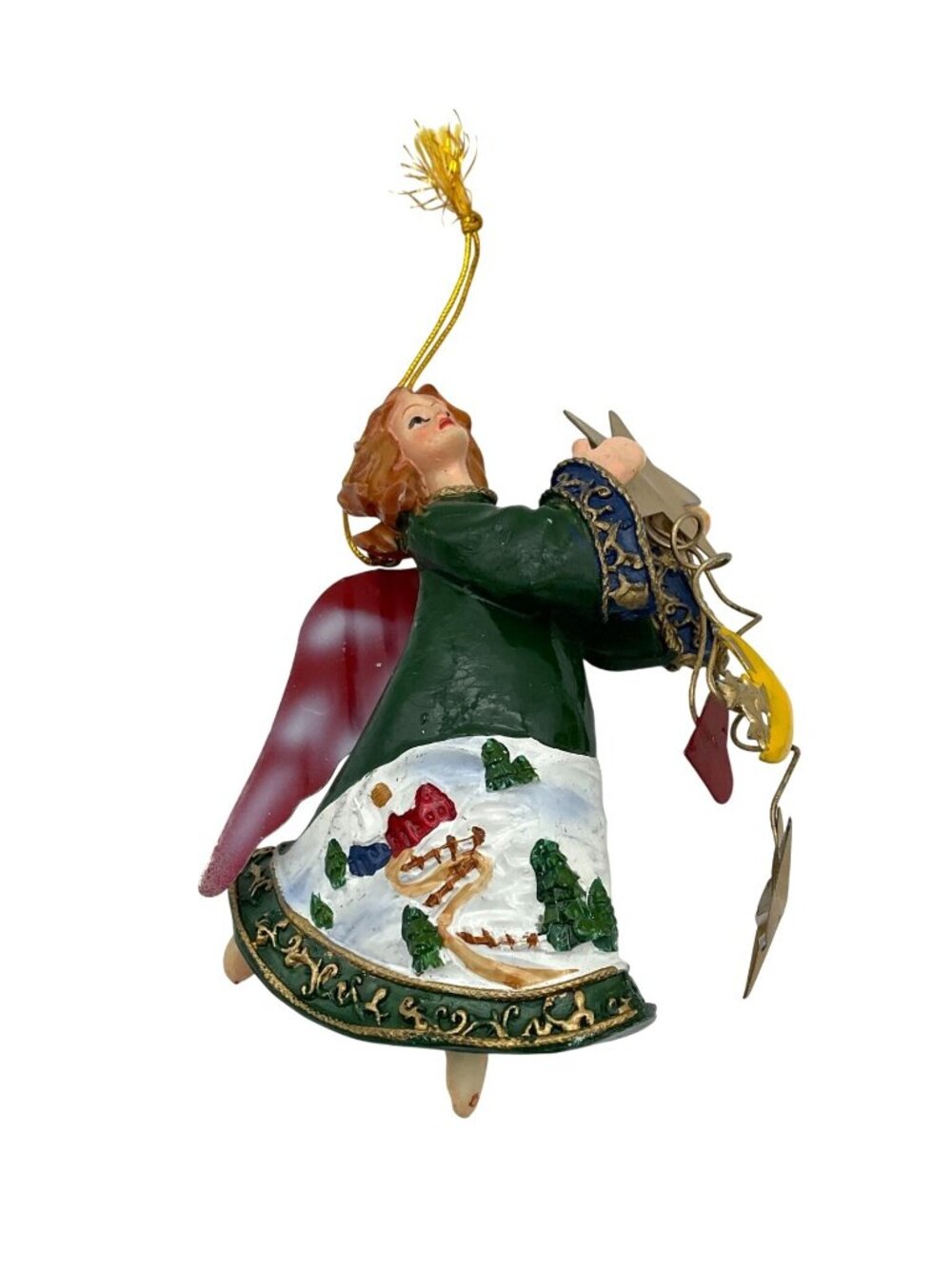 Resin Angel Vintage Ornament Metal Wings & Wire Accents Hand Painted Scene